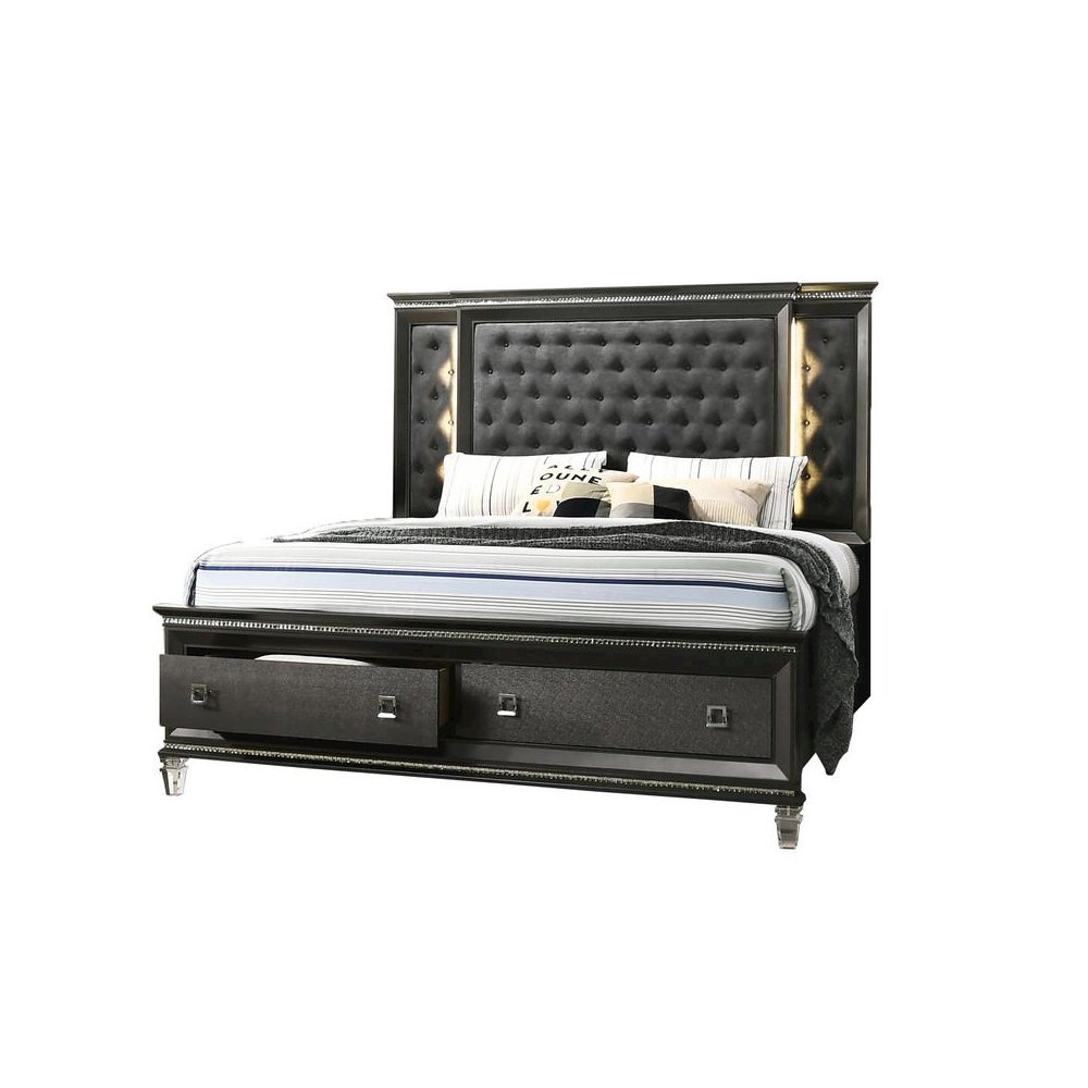 Panel Bed with Tufted Buttons and  Backlit Backboard with 2 Footboard Drawers and Jewel Strip on Footboard and Headboard