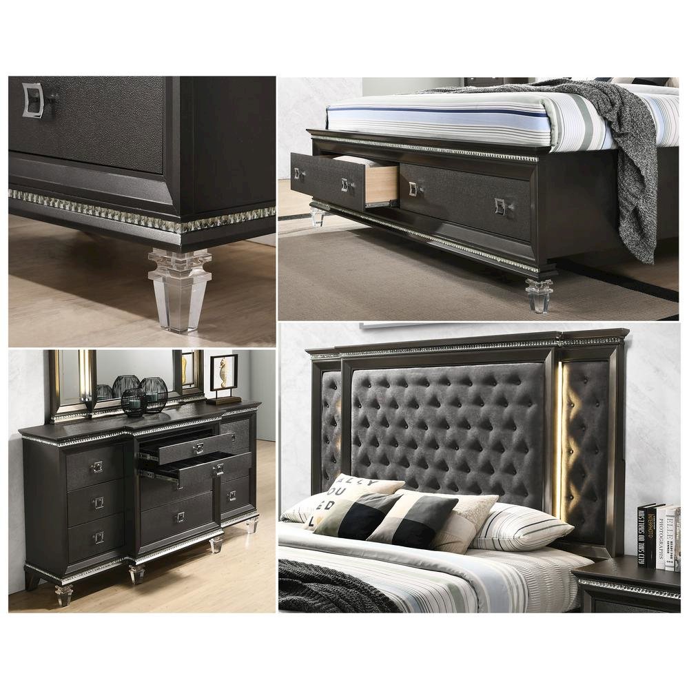 Panel Bed with Tufted Buttons and  Backlit Backboard with 2 Footboard Drawers and Jewel Strip on Footboard and Headboard