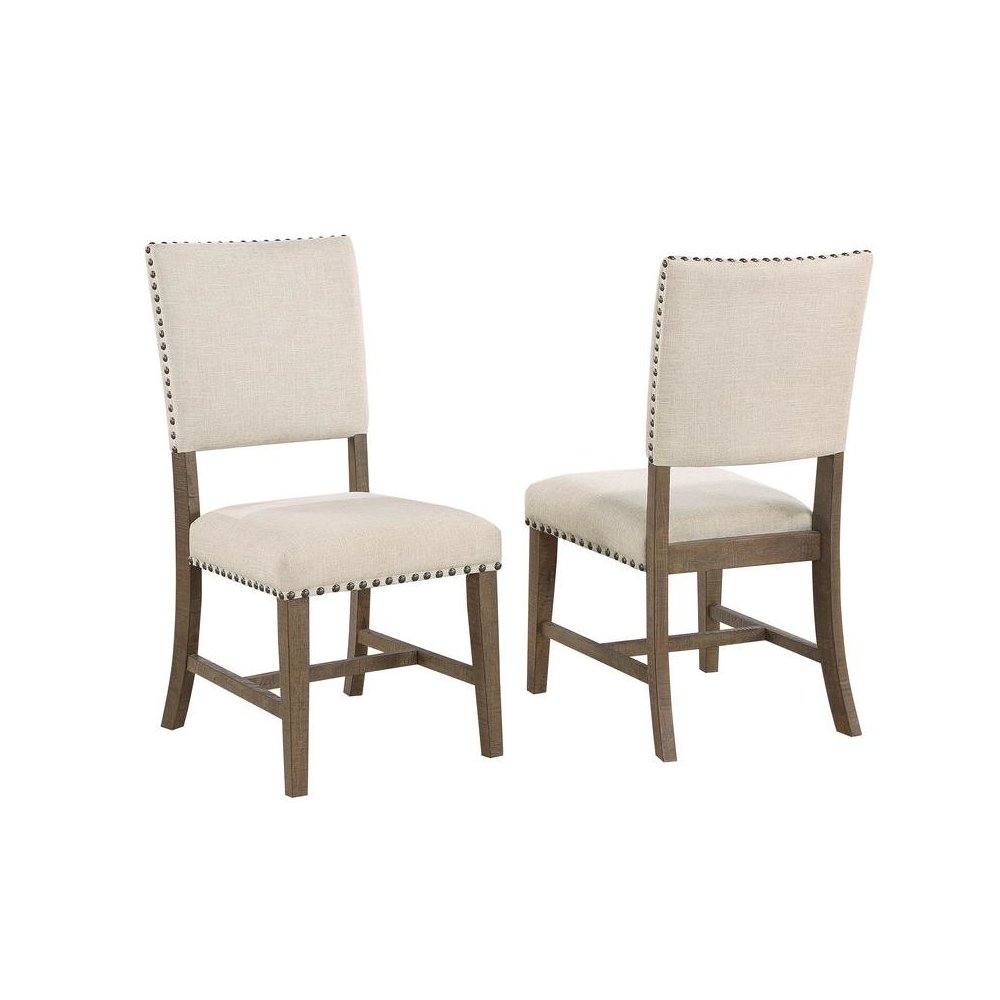 Upholstered dining chiar in brown oak and beige linen (SET OF 2)