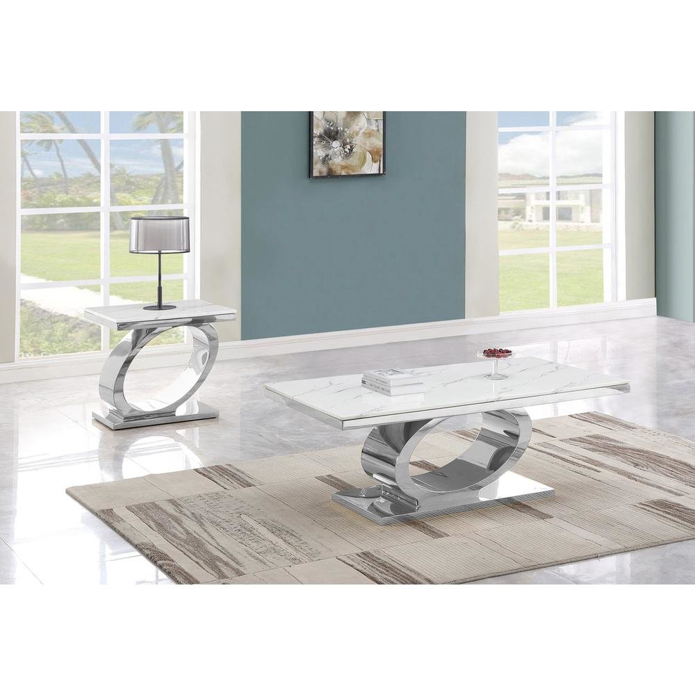 2pc White marble coffee table set with silver base (1 Coffee+ 1 End table)