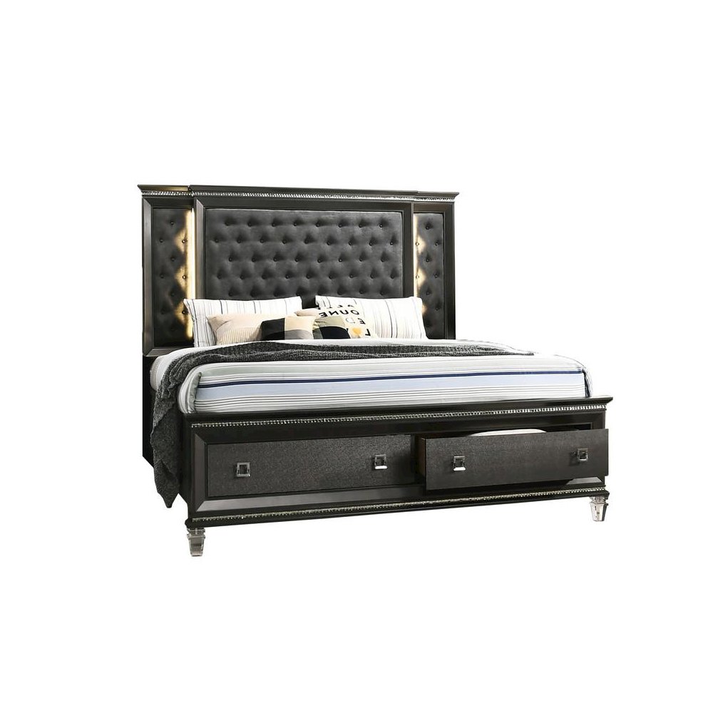 Panel Bed with Tufted Buttons and  Backlit Backboard with 2 Footboard Drawers and Jewel Strip on Footboard and Headboard