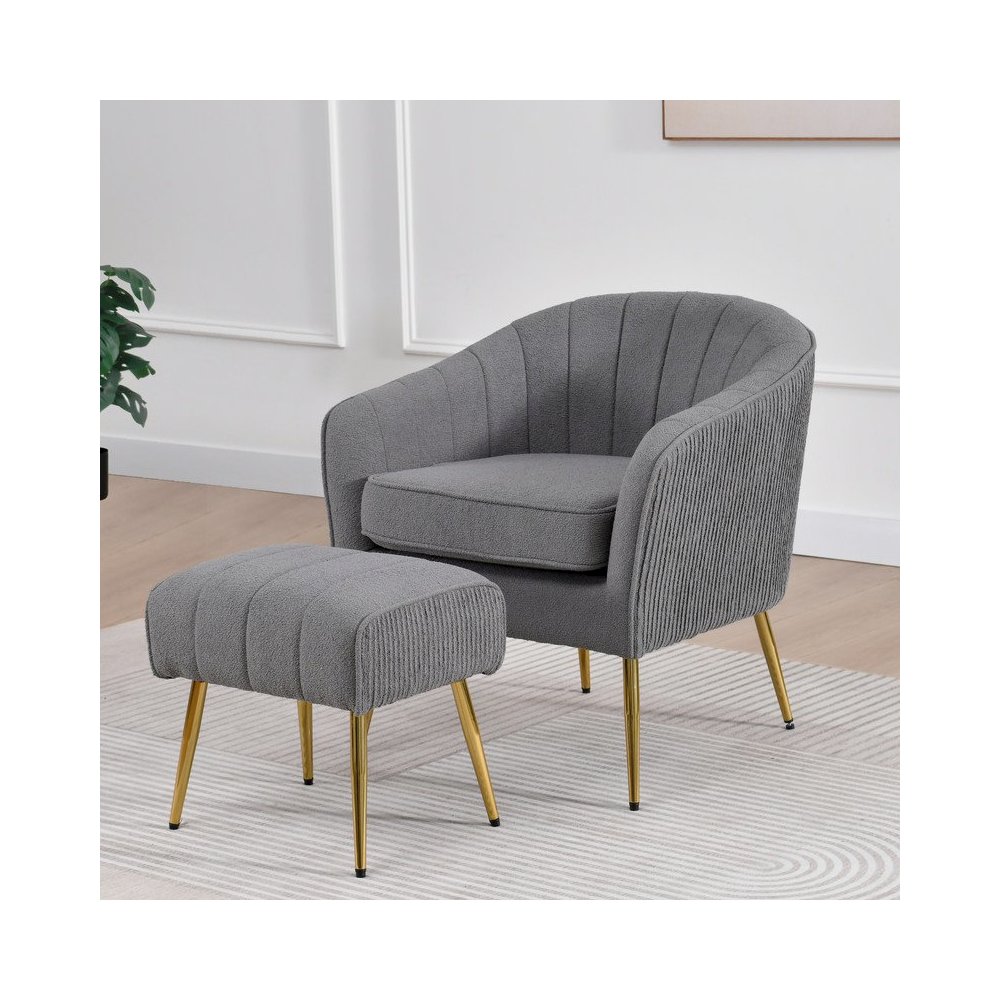 2 Piece Barrel Chair With Matching Ottoman In Dark Gray And Gold