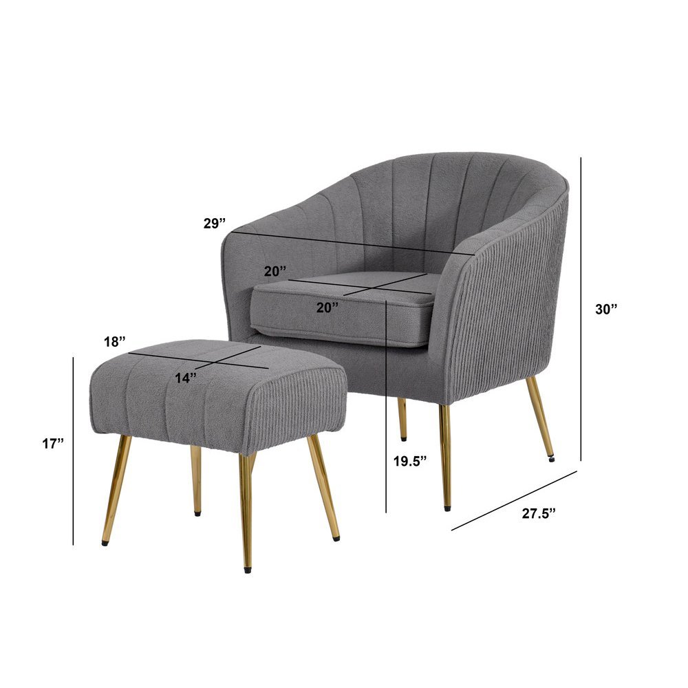 2 Piece Barrel Chair With Matching Ottoman In Dark Gray And Gold