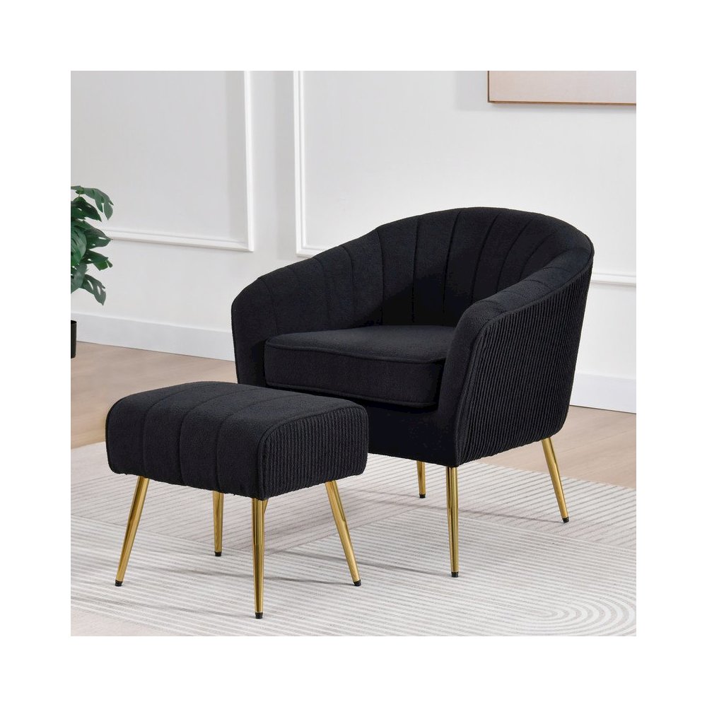 2 Piece Barrel Chair With Matching Ottoman In Black And Gold