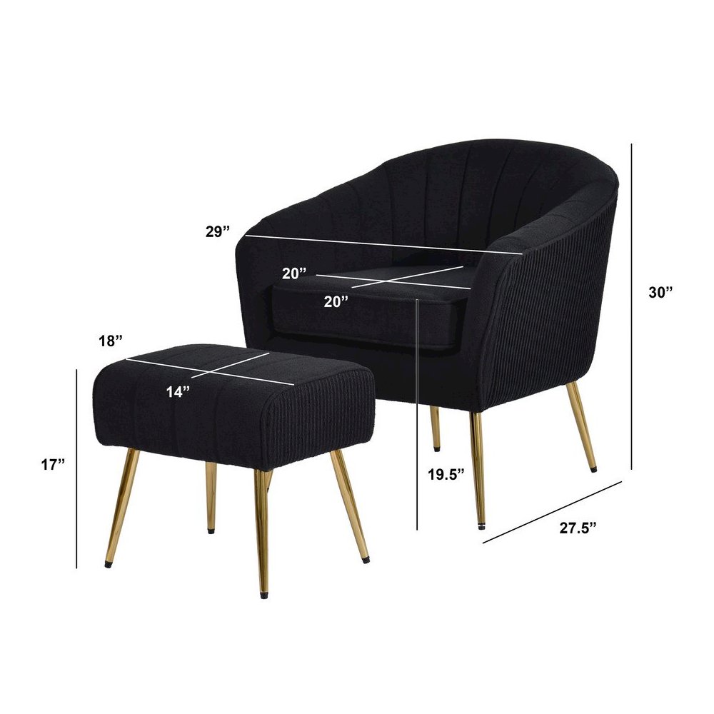 2 Piece Barrel Chair With Matching Ottoman In Black And Gold