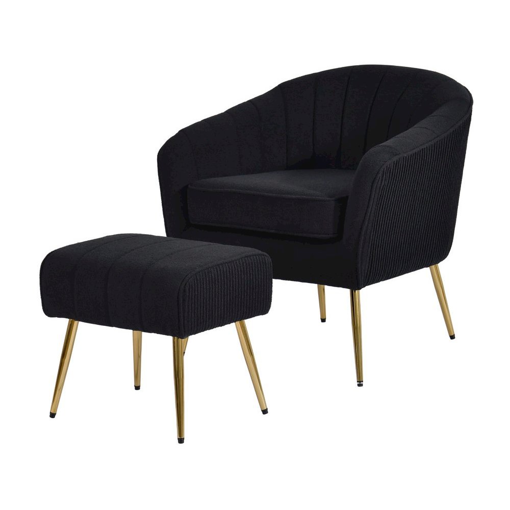 2 Piece Barrel Chair With Matching Ottoman In Black And Gold
