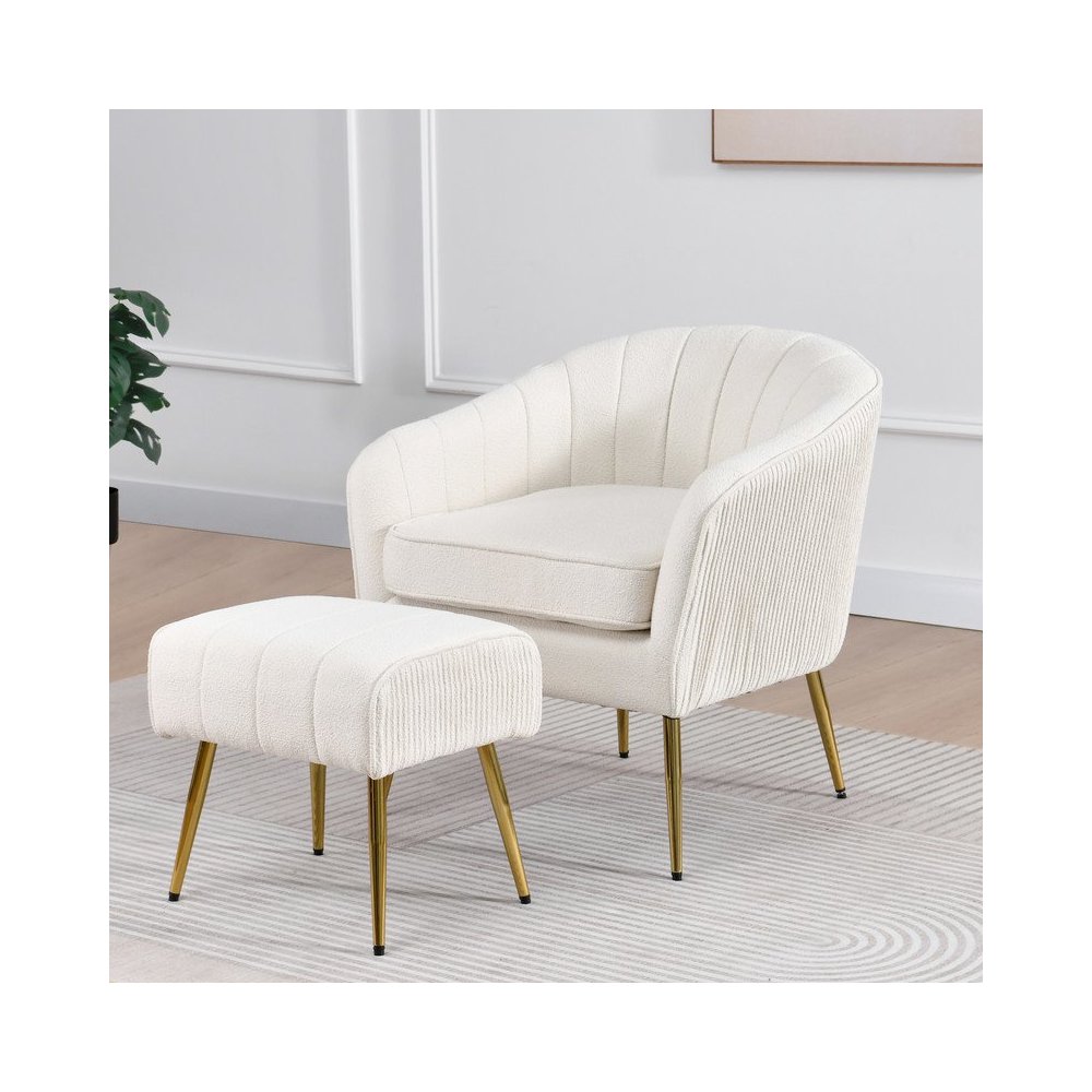 2 Piece Barrel Chair With Matching Ottoman In Beige And Gold