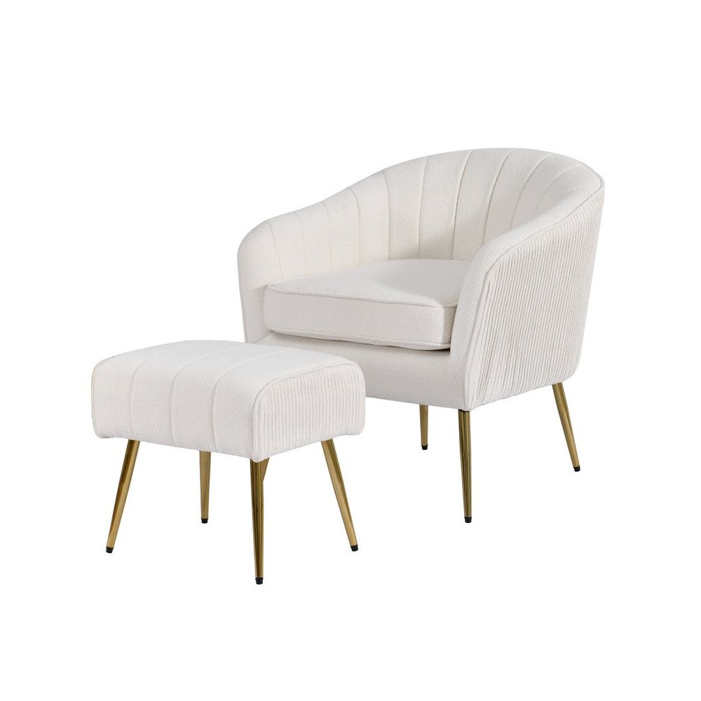 2 Piece Barrel Chair With Matching Ottoman In Beige And Gold