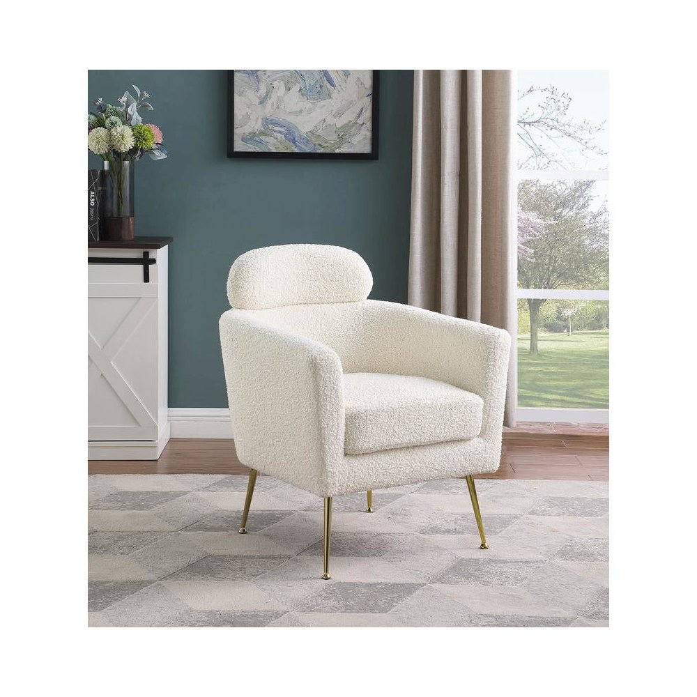 Accent chair with white vegan (faux) fur and gold chrome legs