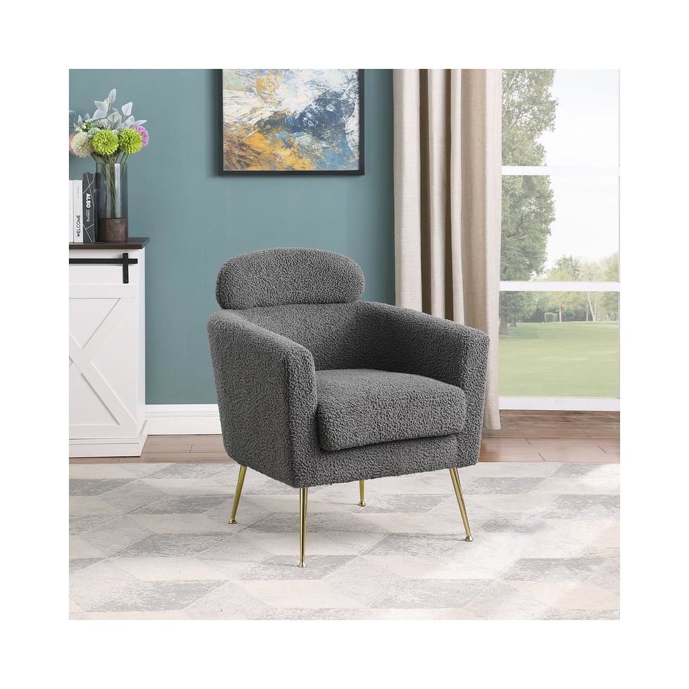 Accent chair with grey vegan (faux) fur and gold chrome legs