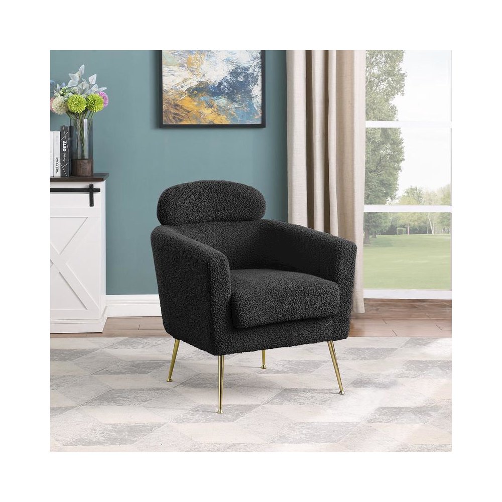 Accent chair with black vegan (faux) fur and gold chrome legs