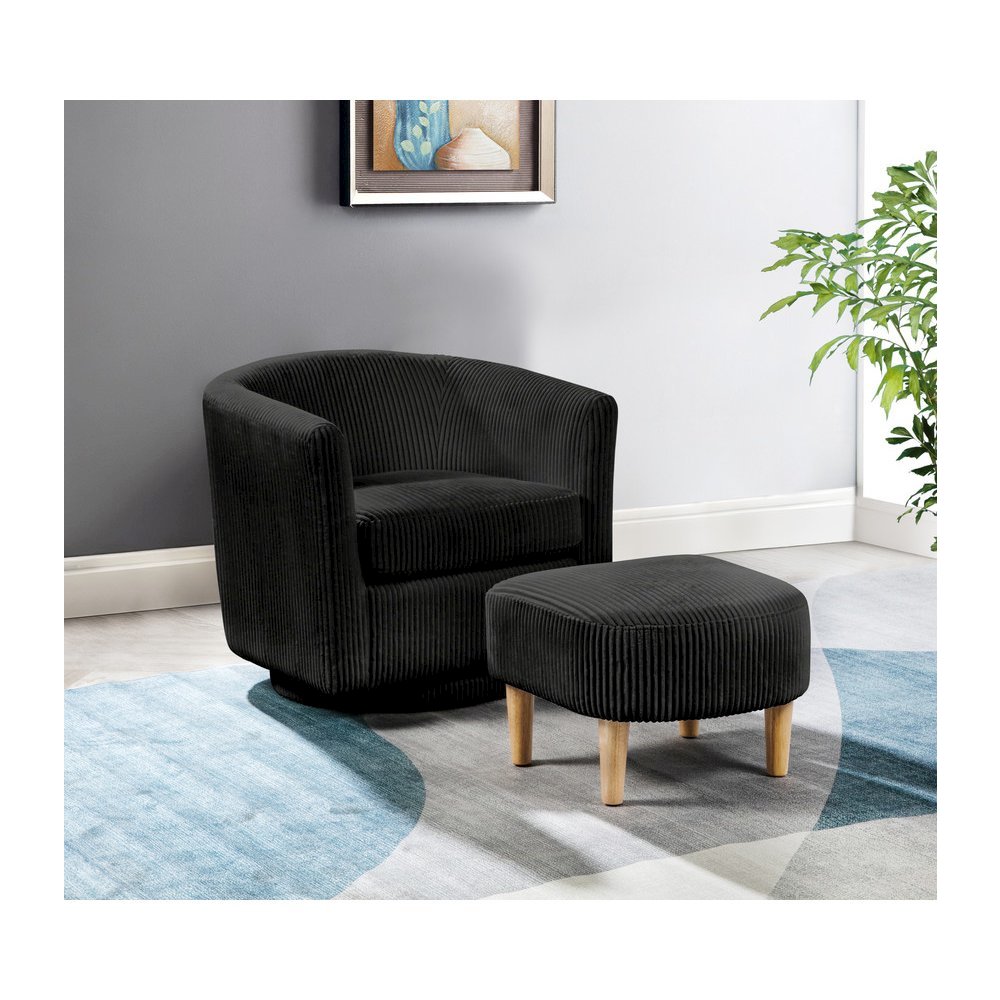 2 Piece Swivel Chair With Matching Ottoman In Black Velvet