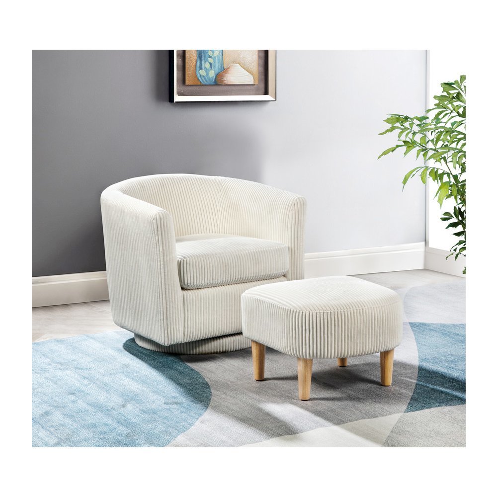 2 Piece Swivel Chair With Matching Ottoman In White Velvet