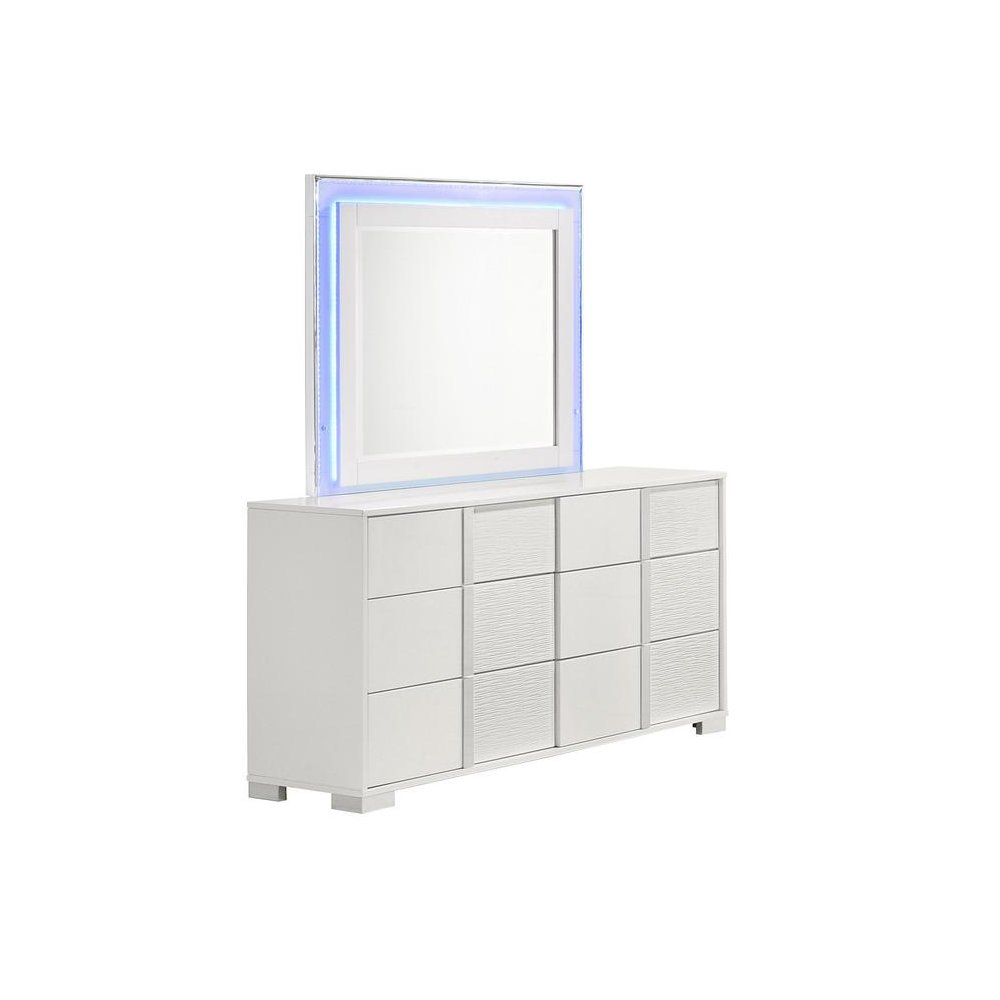White dresser with 6 drawers and a blue LED light trim on the mirror