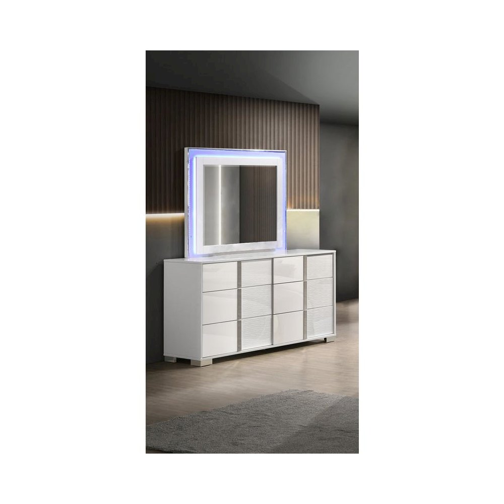 White dresser with 6 drawers and a blue LED light trim on the mirror
