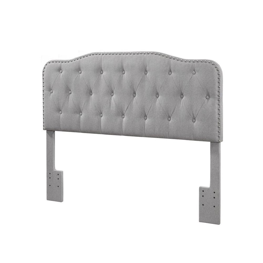 Queen/Full Headboard Gray Linen Upholstered Button Tufted & Nailhead Trim