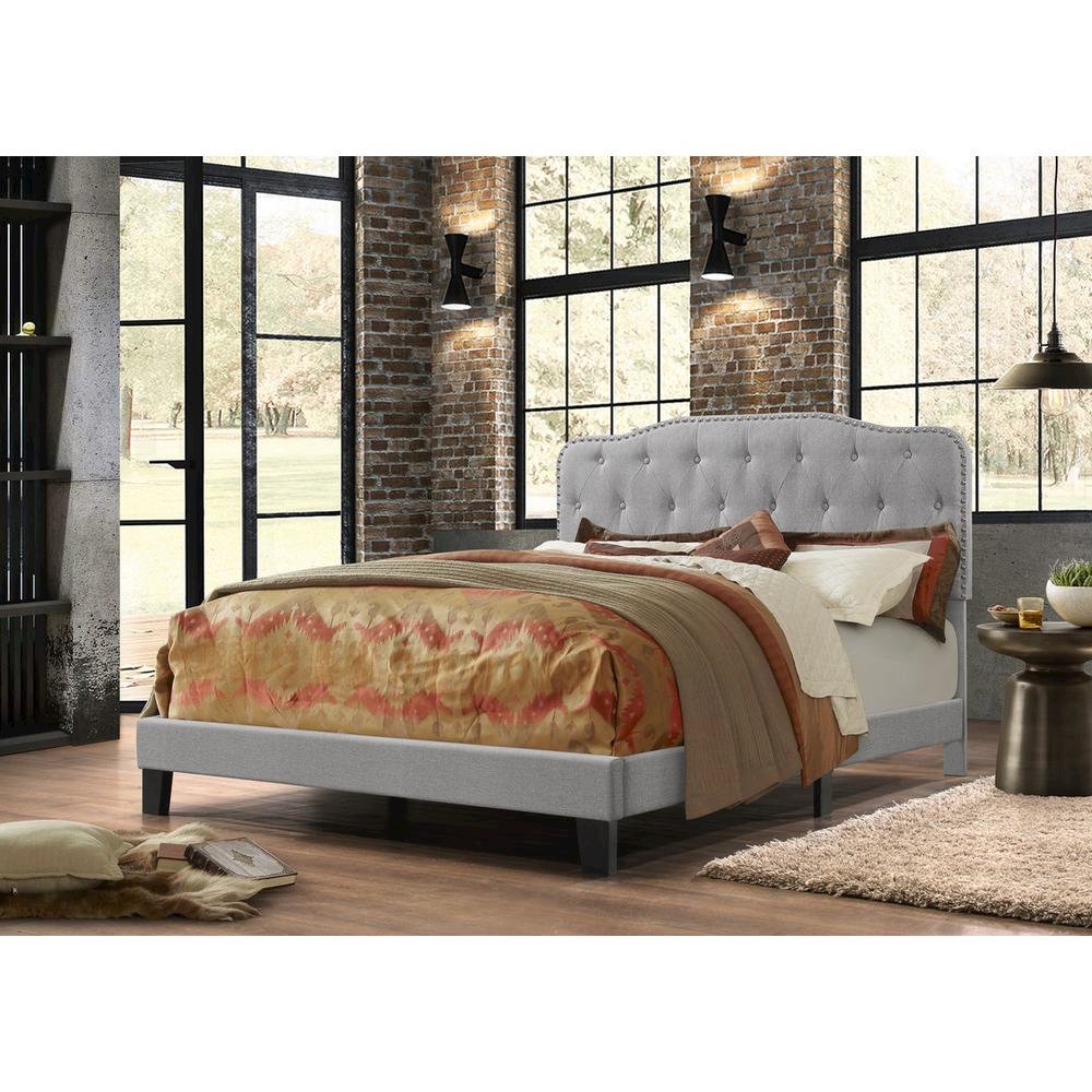 Queen/Full Headboard Gray Linen Upholstered Button Tufted & Nailhead Trim