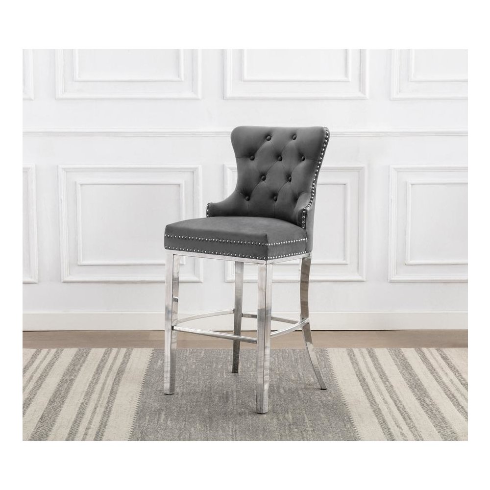 29″ Dark grey velvet bar stool with stainless steel base (SET OF 2)