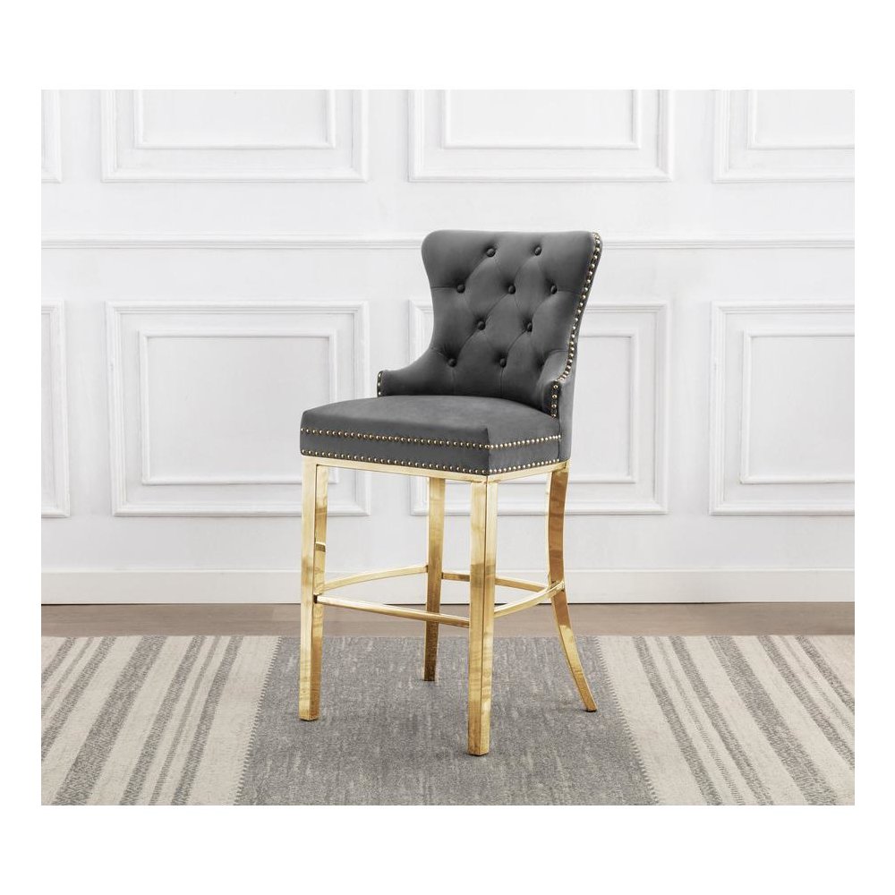 29″ Dark grey velvet bar stool with gold color stainless steel base (SET OF 2)