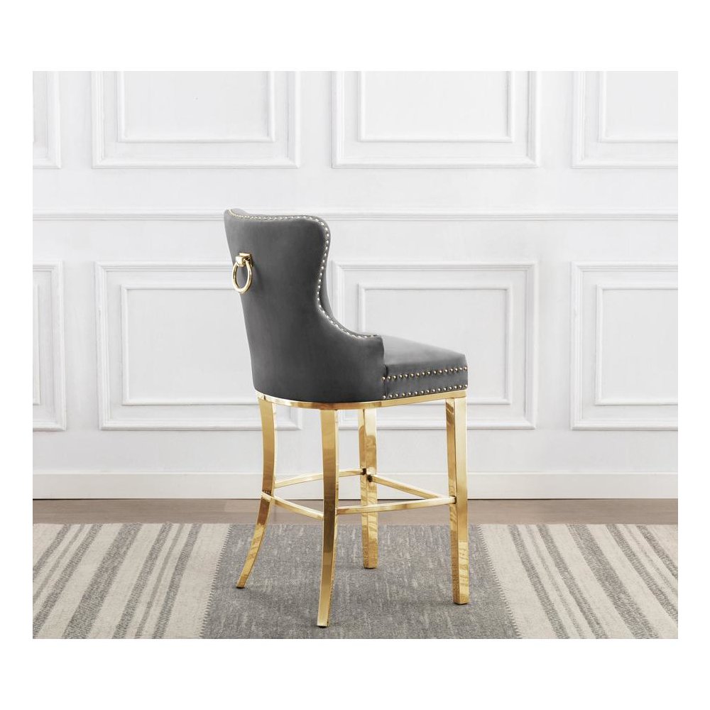 29″ Dark grey velvet bar stool with gold color stainless steel base (SET OF 2)