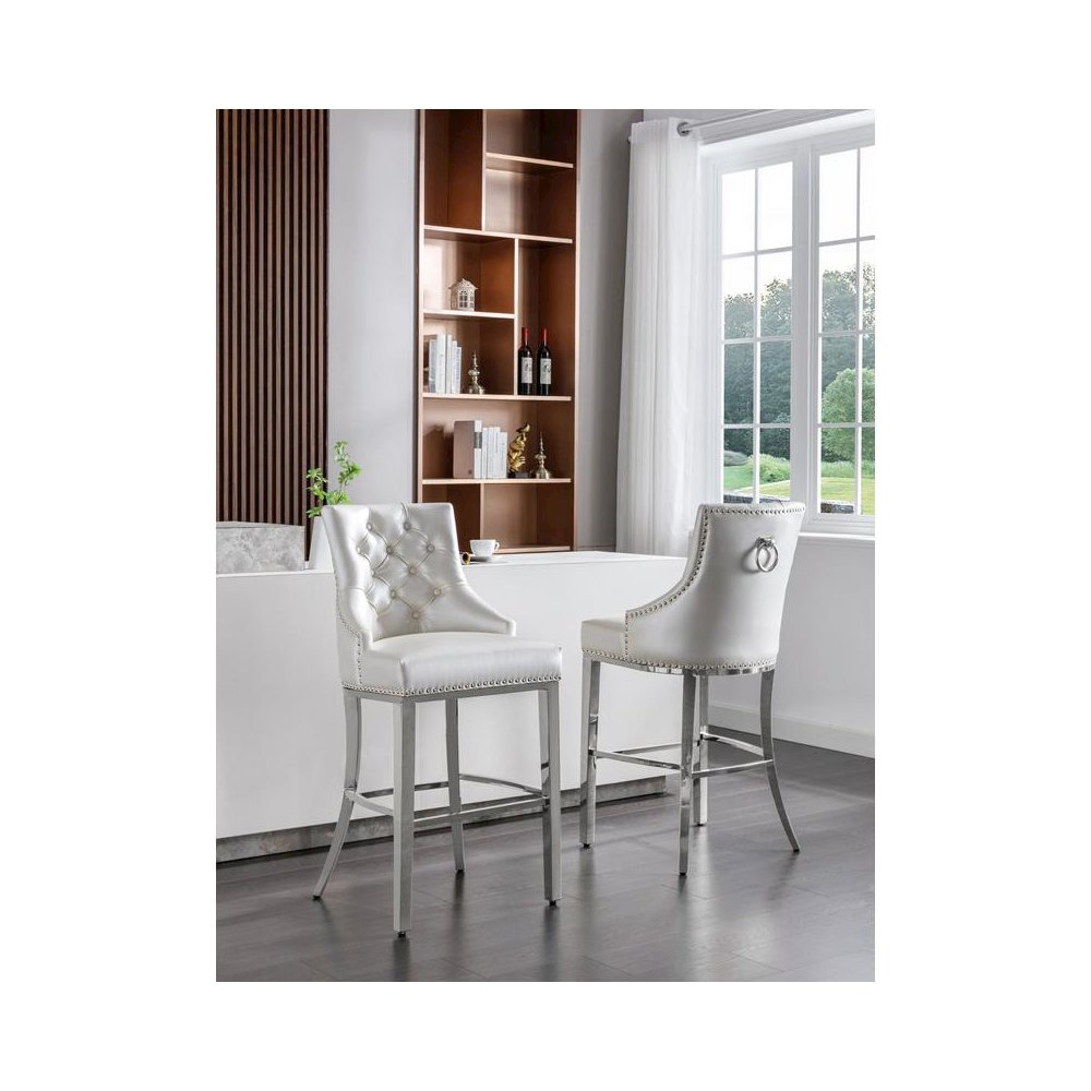 29″ White faux leather barstool with a silver color base (SET OF 2)
