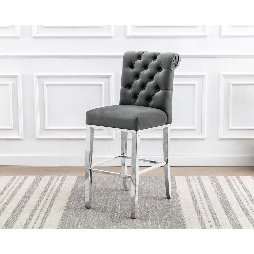 29″ Dark Grey velvet barstool with a silver color base (SET OF 2)