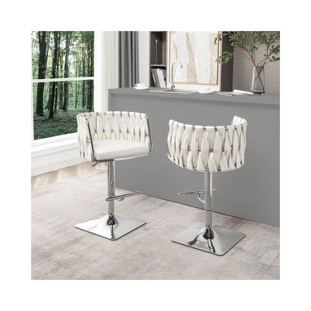 Barstool in White faux leather and silver color base (SET OF 2)