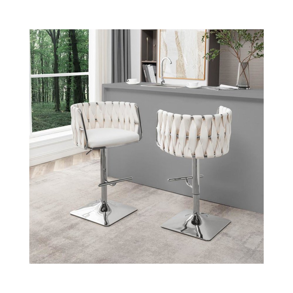 Velvet upholstered barstool in Cream fabric and silver color base (SET OF 2)