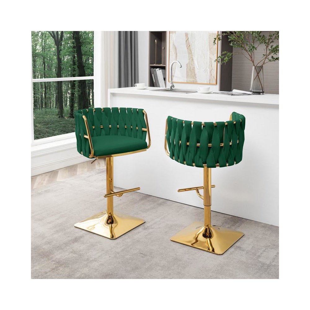 Velvet Upholstered barstool in Emerald green and gold color base (SET OF 2)