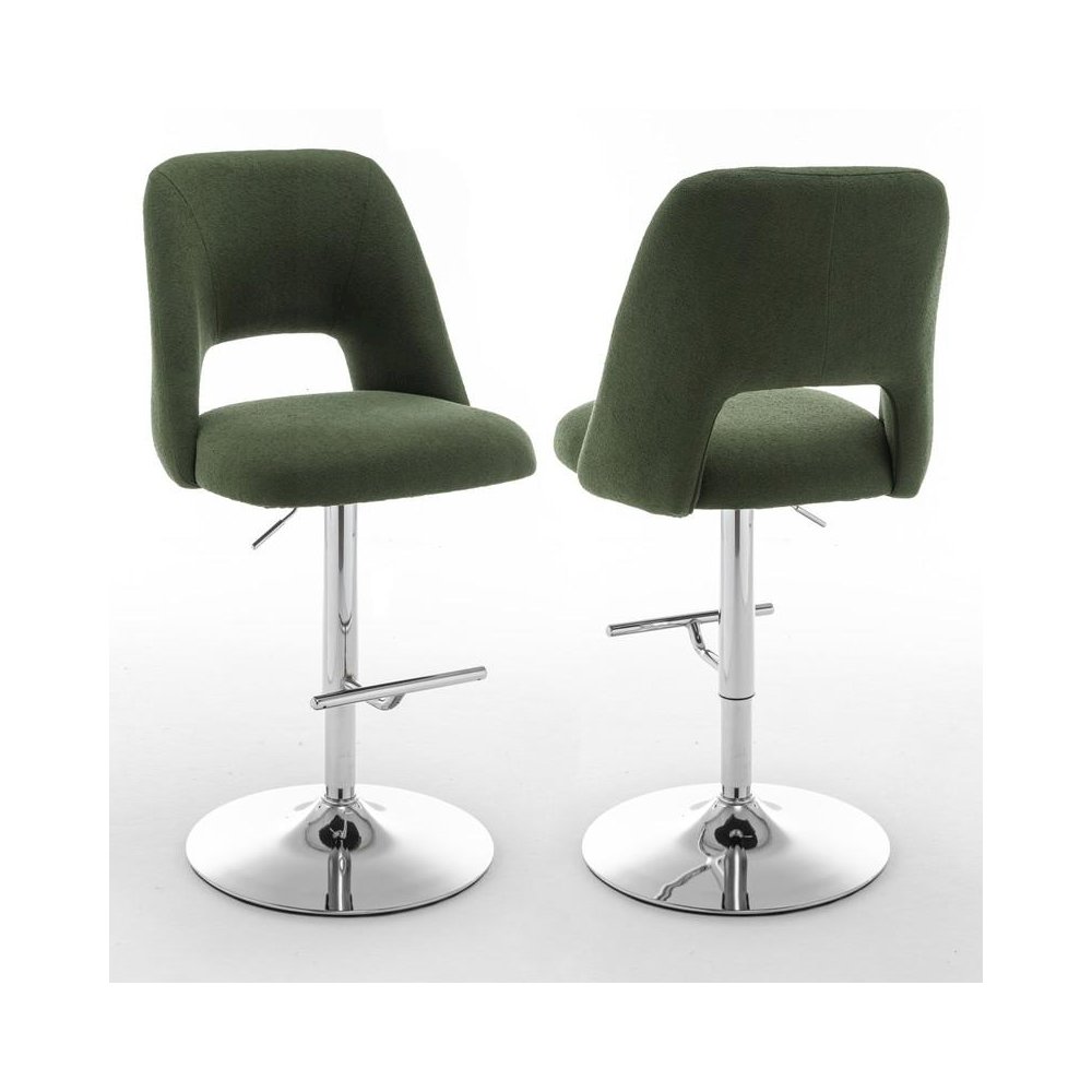 Boucle fabric upholstered barstool with a green seat and silver base (SET OF 2)