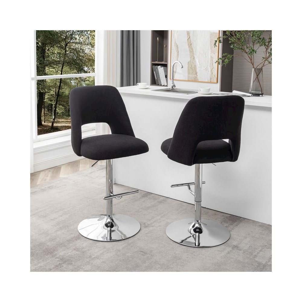 Boucle fabric upholstered barstool with a black seat and silver base (SET OF 2)