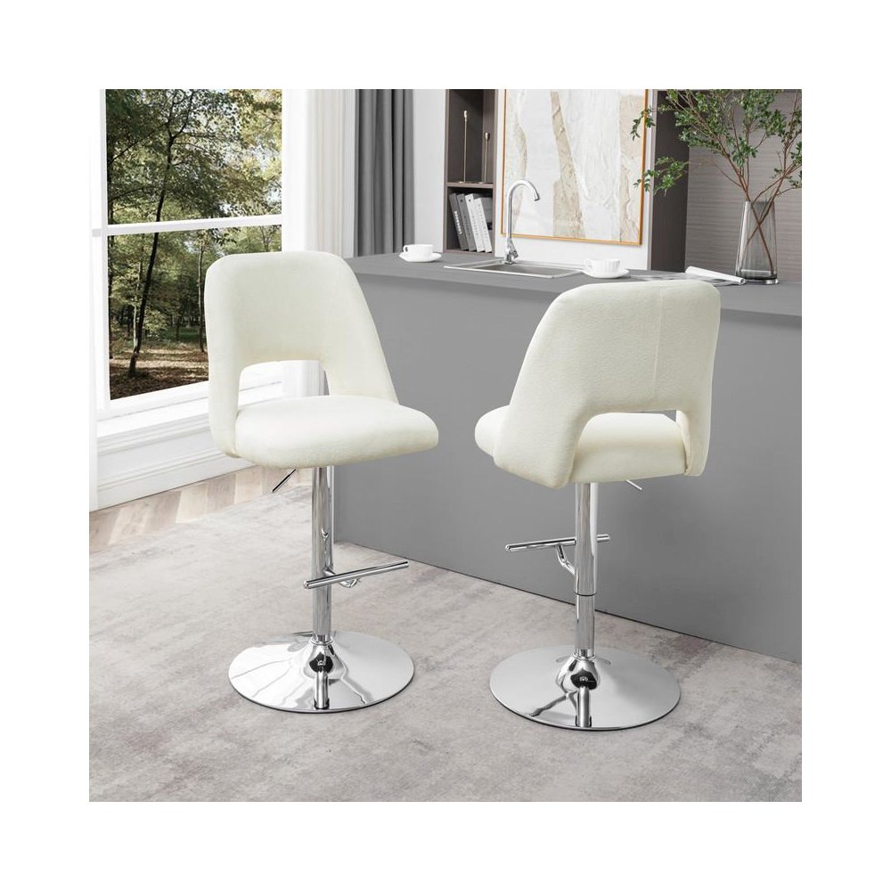 Boucle fabric upholstered barstool with a beige seat and silver base (SET OF 2)