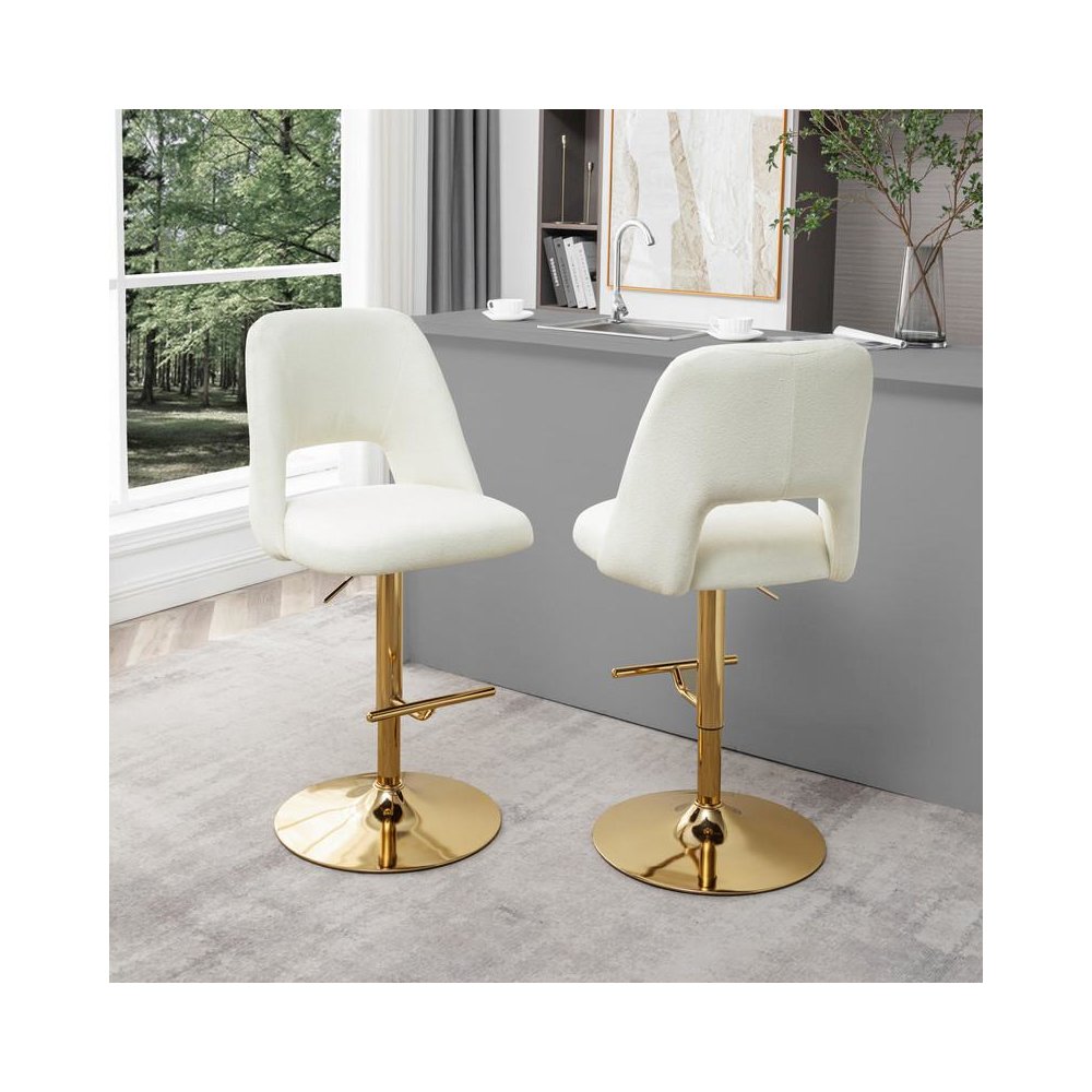 Boucle fabric upholstered barstool with a beige seat and gold base (SET OF 2)