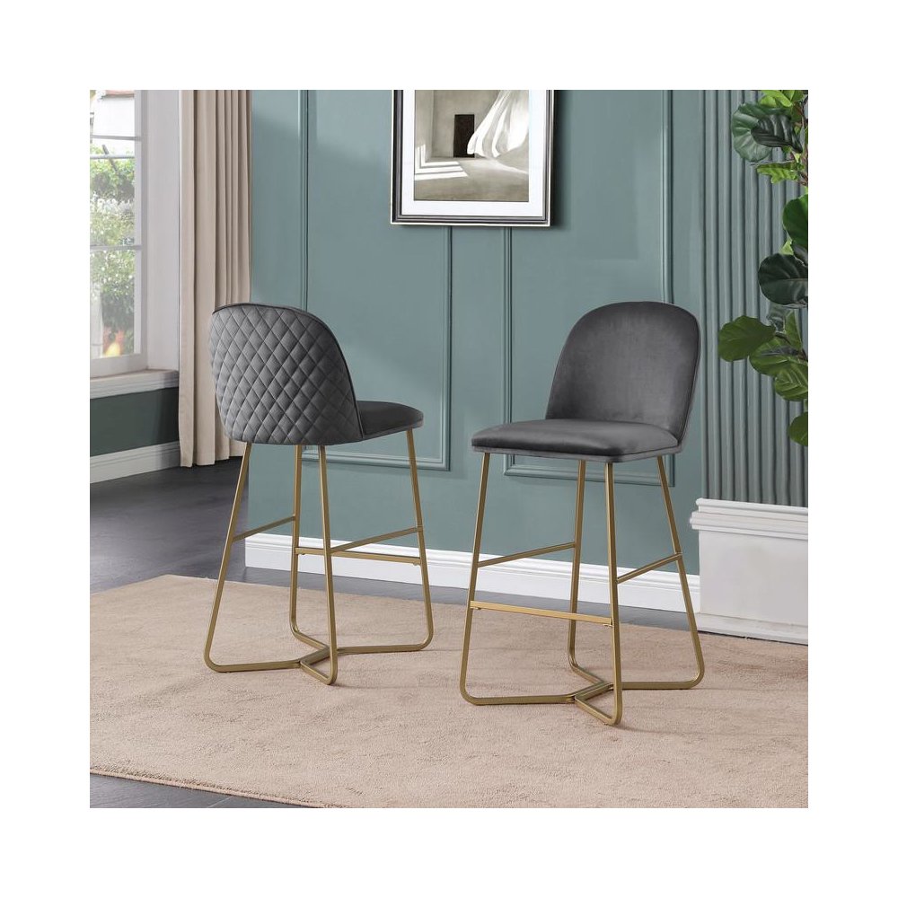 29″ Dark gray velvet barstool w/ gold color iron base (set of 2)
