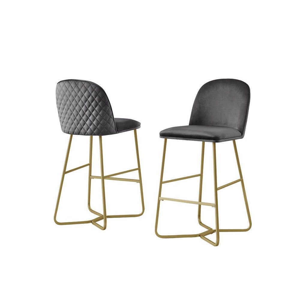 29″ Dark gray velvet barstool w/ gold color iron base (set of 2)
