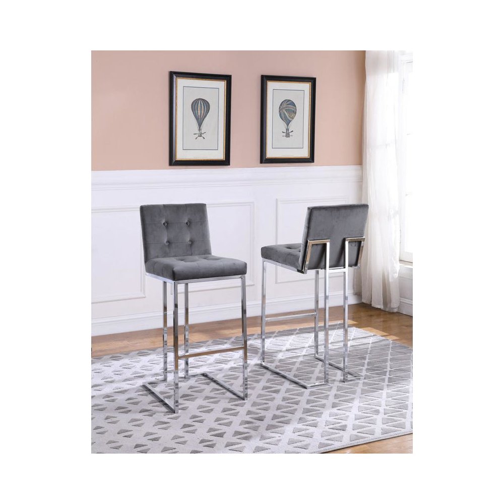 29″ Tufted Velvet Upholstered Bar Stool in Dark Grey (Set of 2)