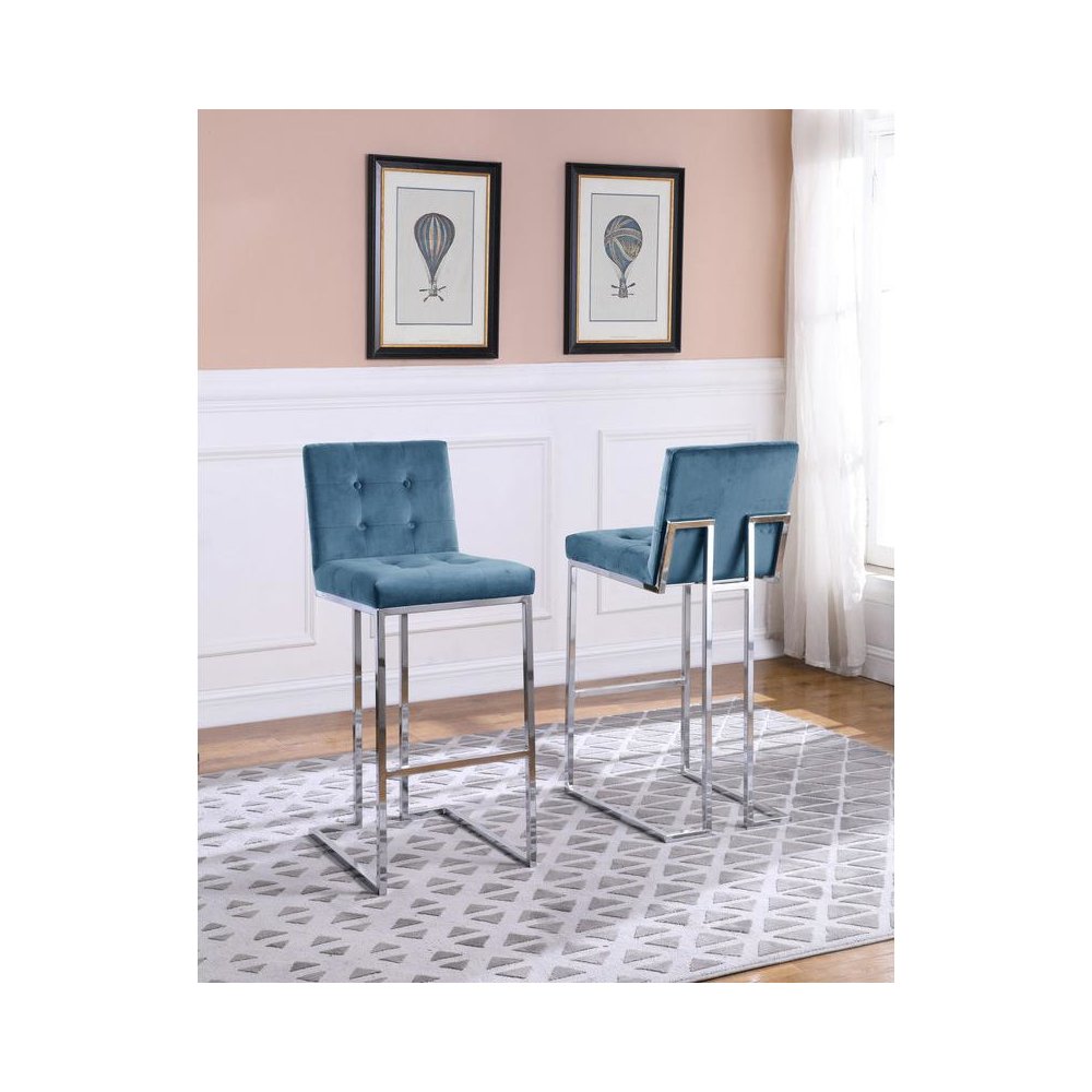 29″ Tufted Velvet Upholstered Bar Stool in Teal Blue (Set of 2)