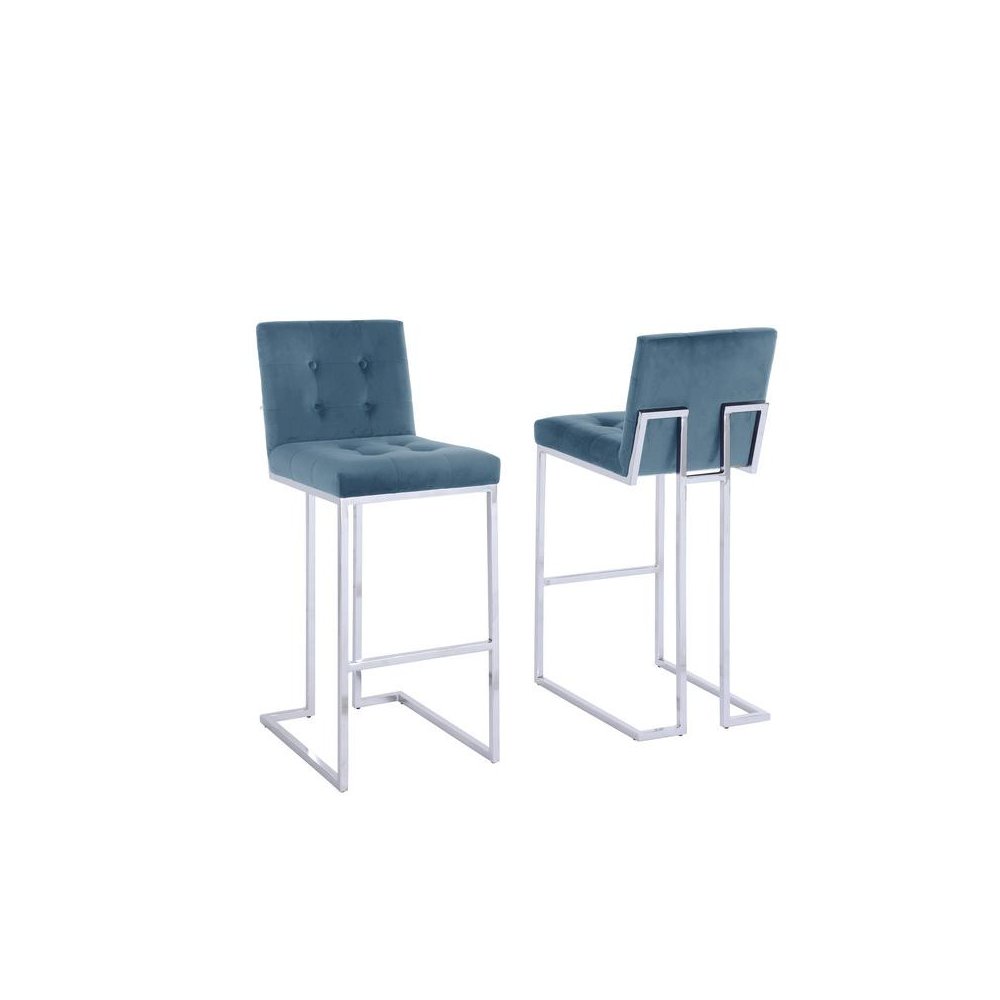 29″ Tufted Velvet Upholstered Bar Stool in Teal Blue (Set of 2)