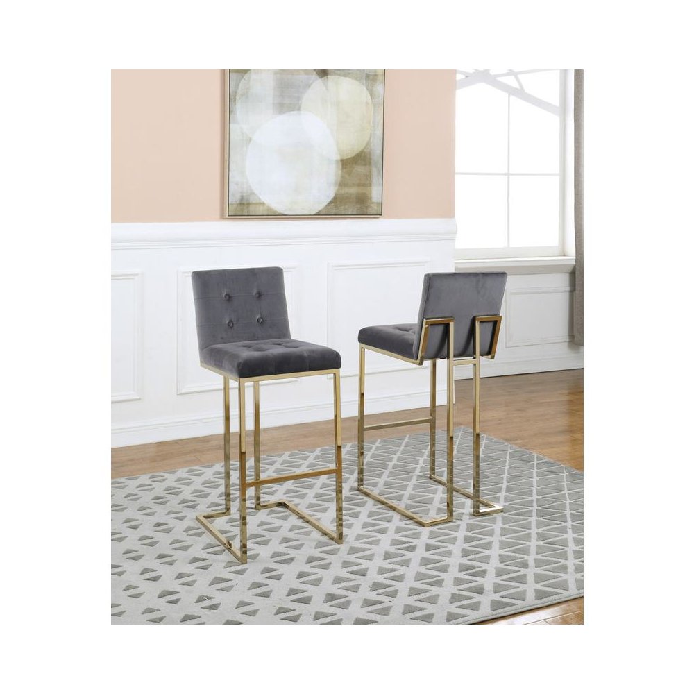 29″ Tufted Velvet Upholstered Bar Stool in Dark Grey (Set of 2)