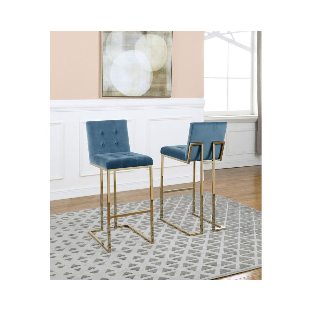 29″ Tufted Velvet Upholstered Bar Stool in Teal Blue (Set of 2)