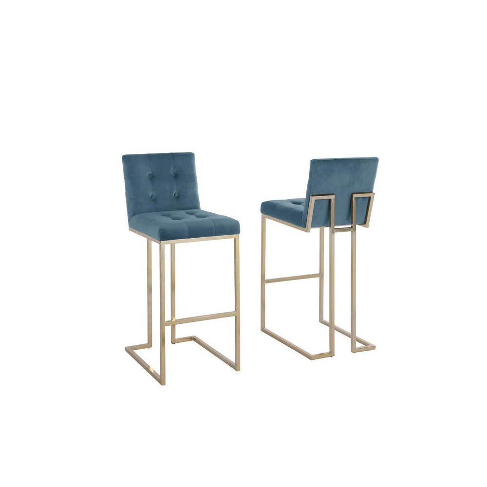 29″ Tufted Velvet Upholstered Bar Stool in Teal Blue (Set of 2)