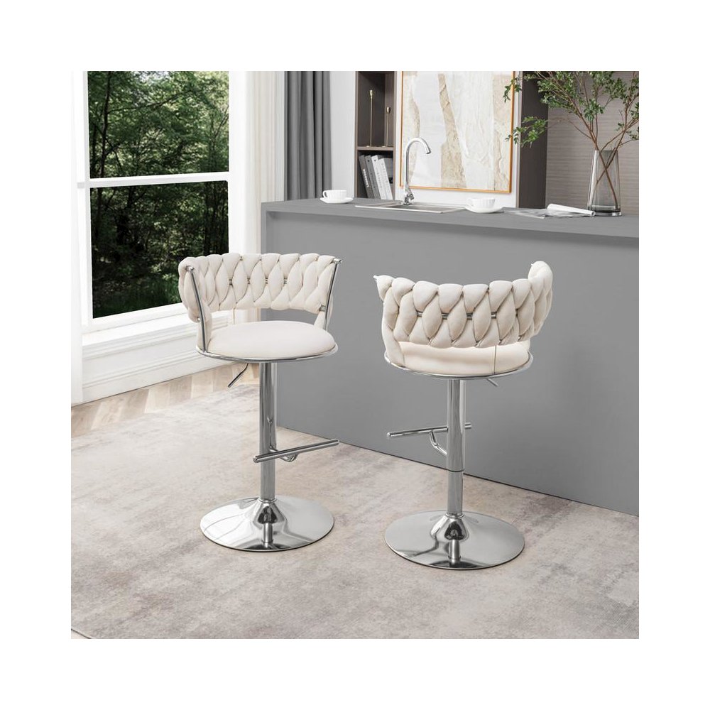 Cream adjustable barstool with silver color base (SET OF 2)