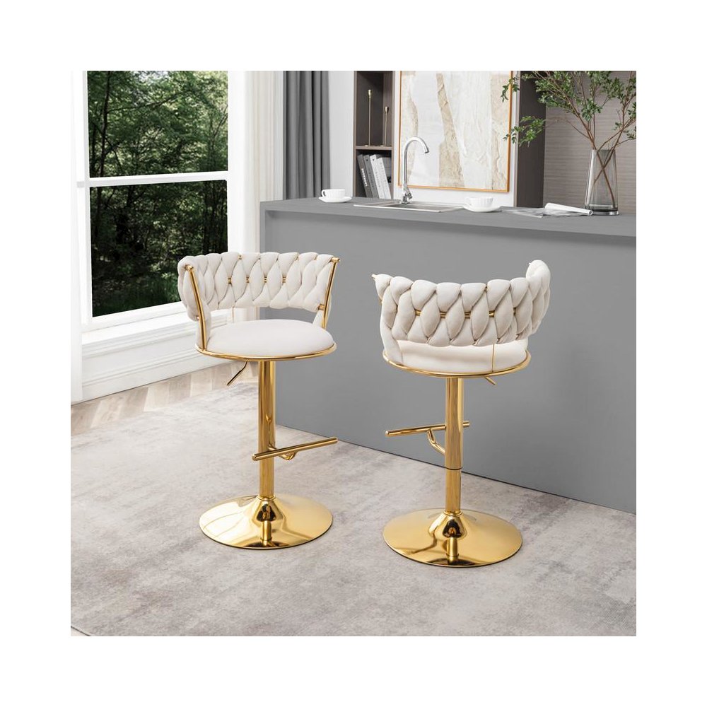 Cream adjustable barstool with gold color base (SET OF 2)