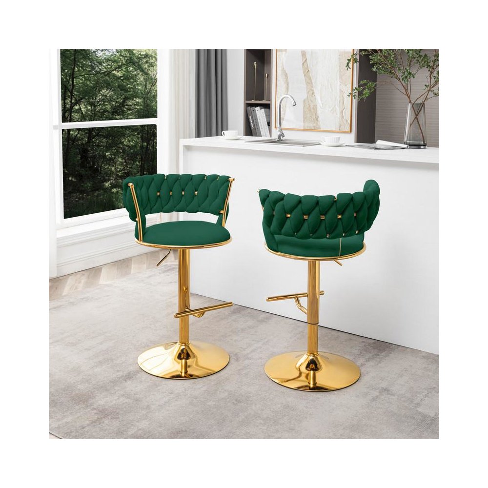 Emerald green adjustable barstool with gold color base (SET OF 2)