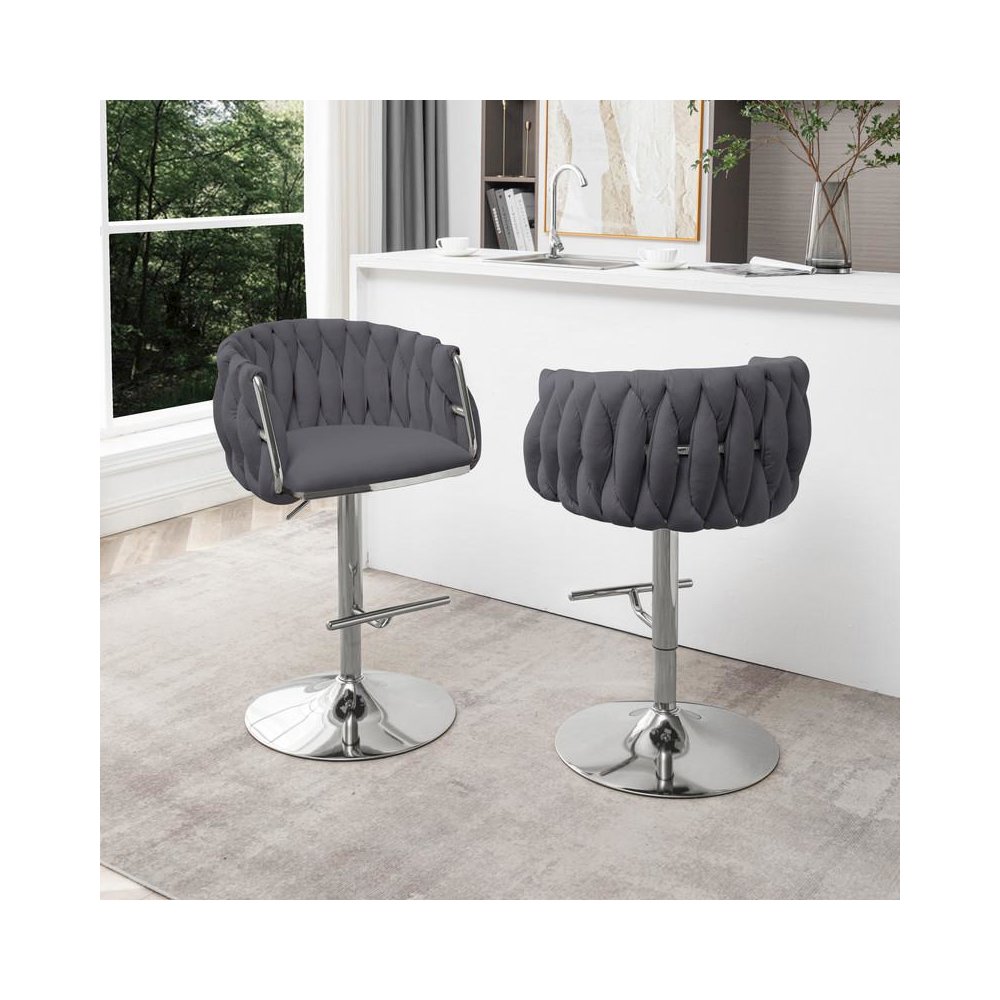 Velvet Upholstered barstool in Dark gray with Silver color base (SET OF 2)