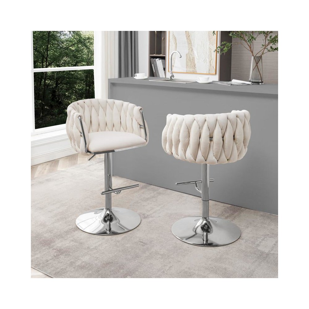 Velvet Upholstered barstool in Cream with Silver color base (SET OF 2)