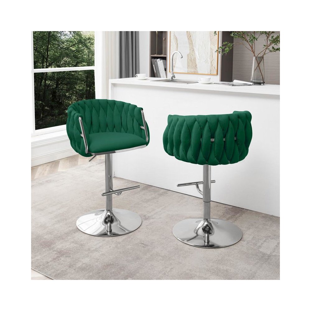 Velvet Upholstered barstool in Emerald green with Silver color base (SET OF 2)