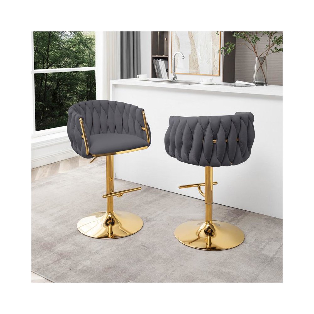 Velvet barstool in Dark grey fabric with a gold color base (SET OF 2)