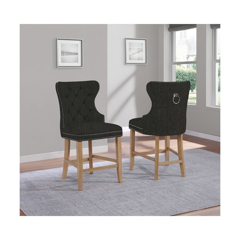 Dark Gray Linen Counterheight Chairs with Rustic Wood