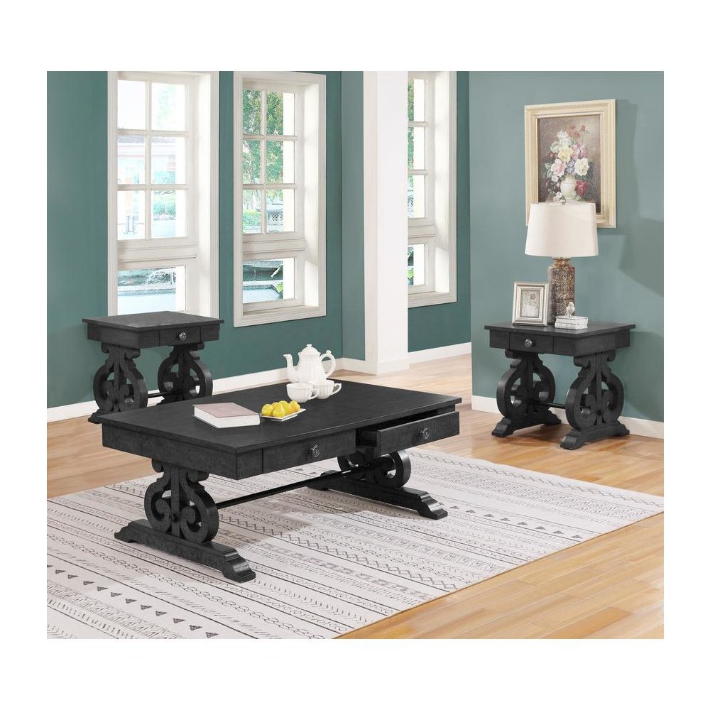 Solid Wood Coffee Table and Two End Tables in Dark Gray